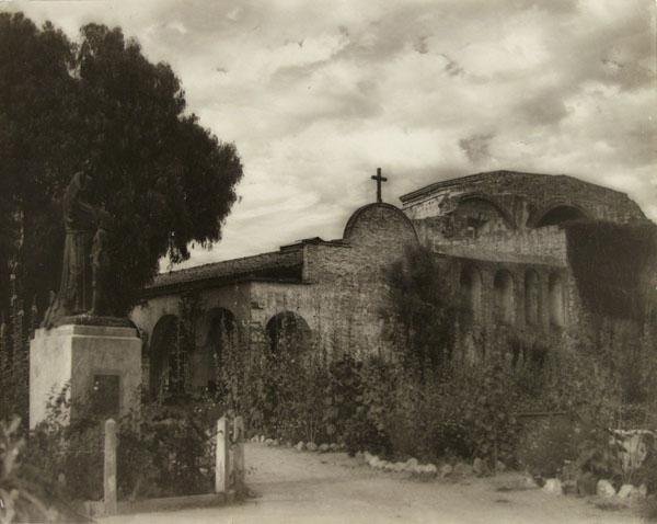 LEO TIEDE (American) Vintage silver gelatin print: Leo Tiede (American, Active 1920s-1940s). "Mission San Juan Capistrano [California]". Vintage silver gelatin print. c1920s. Printed c1920s. Artist stamp, verso. Titled and credited in pencil, verso. 7