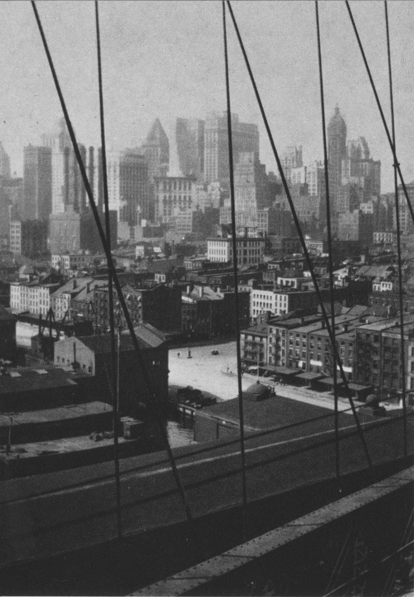 WALKER EVANS - Manhattan Skyline from Brooklyn Bridge -: Artist: Walker Evans (American, 1903 - 1975). Title: "Manhattan Skyline from Brooklyn Bridge". Medium: Original photogravure. Date: Composed 1929. Printed later. Dimensions: Overall size: 5 1