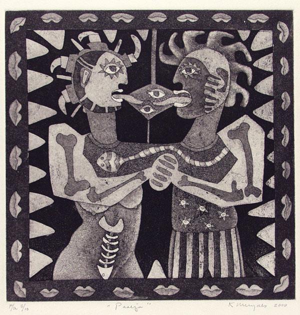 KARIMA MUYAES - Pareja - Etching with sugarlift: Artist: Karima Muyaes (Mexican, b.1960). Title: "Pareja [black and white]". Medium: Etching with sugarlift aquatint. Date: Composed 2000. Dimensions: Overall size: 15 3/4 x 15 7/8 in. (400 x