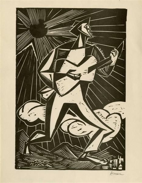 IRVING AMEN (American) Woodcut: Irving Amen (American, b.1918). "Folksinger". Woodcut. c1975. Signed in pencil; initialed in the block. Cream laid watermarked paper. Ample margins. Very good impression. 10 3/16 x 6 15/16 in. (259 x 
