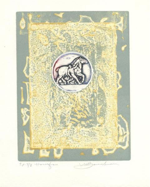 MARTIN BAROOSHIAN (American) Color intaglio etching: Martin Barooshian (American, b.1929). "Horse Fair". Color intaglio etching. Proof from edition of 30. Signed, titled and annotated "T.P. 418" in pencil. Wide margins. Fine impression. 7 3/8 x 5 1/2 in