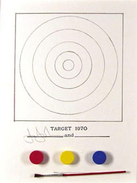 JASPER JOHNS (American) Color offset lithograph: Jasper Johns (American, b.1930). "Technics and Creativity II - Target 1970". Color offset lithograph. 1970. Signed in the plate. 10 5/8 x 8 in. (270 x 203 mm). Plastic case containing a catalogue with