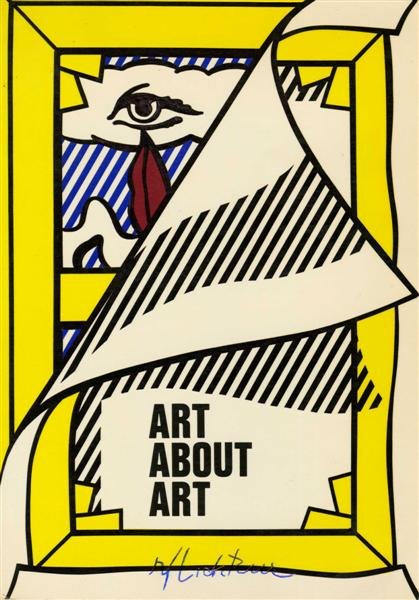 ROY LICHTENSTEIN (American) Color offset lithograp: Roy Lichtenstein (American, 1923-1997). "Art about Art". Color offset lithograph. 1978. Edition of 15,000. Signed in blue pen, lower middle. Heavy white coated paper. Fine impression. 9 7/8 x 7 in. (2