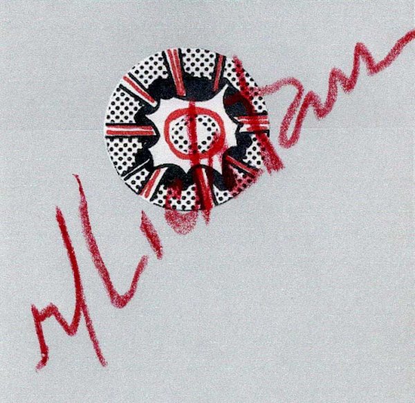 ROY LICHTENSTEIN (American) Color offset lithograp: Roy Lichtenstein (American, 1923-1997). "Pop Art One [with signed "Explosion" sticker]". Color offset lithograph. 1965. Edition unknown, presumed small. Signed across the sticker in red crayon. Fine i