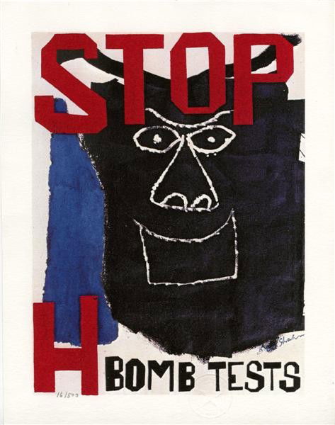 BEN SHAHN (Russian/American) Color offset (?) lith: Ben Shahn (Russian/American, 1898 - 1969). "Stop H Bomb Tests". Color offset (?) lithograph. c1962. Signed in the plate, lower right; numbered in pencil, lower left; blindstamp lower center. White wov