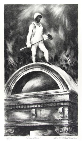 LAWRENCE BEALL SMITH (American) Lithograph: Lawrence Beall Smith (American, 1909 - 1989). "Demolition". Lithograph. 1985. Edition of 100. Signed, dated, titled and numbered in pencil. Full margins (deckle edges). Fine impression. 14 x 7 7/8 in.