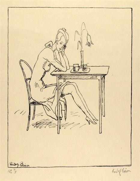RUDOLF BAUER (German) Lithograph: Rudolf Bauer (German, 1881 - 1953). "Fashionable Woman Seated at a Table". Lithograph. c1910s. Signed in pencil, lower right; numbered in pencil, lower left. Signed in the stone, lower left. Wide marg