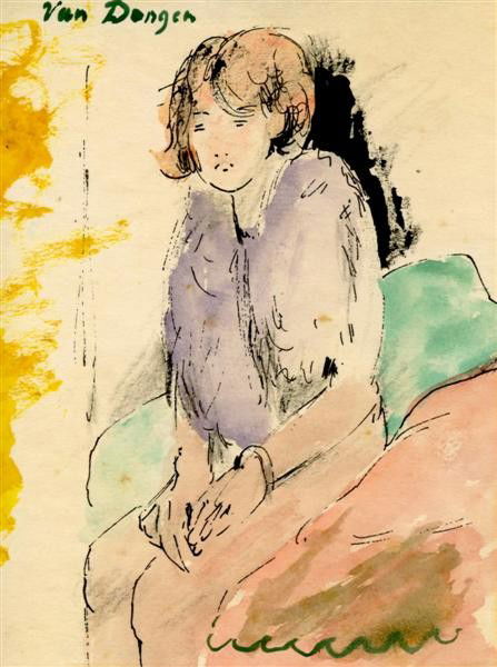 KEES VAN DONGEN (Dutch) Watercolor and ink on pape: Kees Van Dongen (Dutch, 1877 - 1968). "Portrait de Fabienne". Watercolor and ink on paper. c1950s. Signed upper left. Cream wove paper. 6 9/16 x 4 7/8 in. (167 x 124 mm). Very good condition; the scat