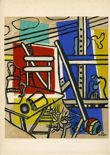 FERNAND LEGER (French) Color lithograph: Fernand Leger (French, 1881 - 1955). "Une Table dans un Paysage". Color lithograph. 1954. Printed 1956. Edition of 750. Signed and dated in the plate. Velin d'Arches paper. Wide top and bottom margins