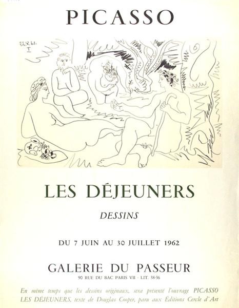 PABLO PICASSO (Spanish) Original photolithograph p: Pablo Picasso (Spanish, 1881 - 1973). "Picasso: Les Dejeuners - Dessins". Original photolithograph poster. 1962. Edition of 250. Dated in the image. White wove paper. The full sheet. Fine impression. 