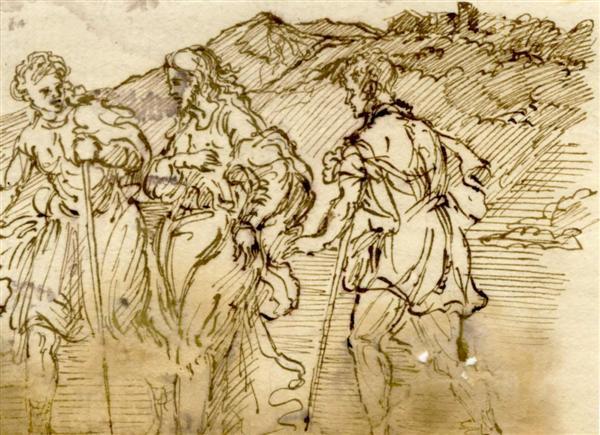 ANTONIO CAMPI (Italian) Brown ink with brown wash: Antonio Campi (Italian, 1523-1587). "Figures in a Landscape". Brown ink with brown wash drawing. c1570s?. Cream laid paper. 3 1/2 x 4 3/4 in. (89 x 121 mm). Provenance: Private collection, Milan, Ital
