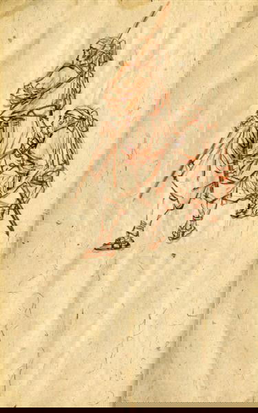 TSUKIOKA YOSHITOSHI (Japanese) Pen and ink drawing: Tsukioka Yoshitoshi (Japanese, 1839-1892). "Study for Woodcut VII". Pen and ink drawing. c1880s. Translucent Gampi (Washi/Rice/Mulberry) paper affixed at the corners to a semi-opaque, handmade, laid p