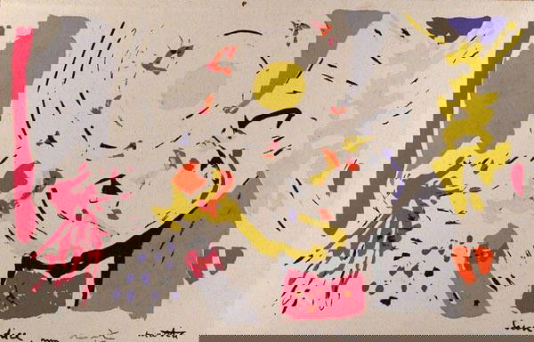 ROBERTO MATTA (Chilean/French) Original color sil: Roberto Matta (Chilean/French, 1911-2002). "Sun-Dice". Original color silkscreen on canvas. 1949. Very small edition. Signed in pencil, lower right. Signed and titled in the screen, lower right. Full