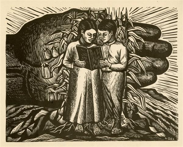 FRANCISCO LUIS MORA (Mexican/American) Linocut: Francisco Luis Mora (Mexican/American, b.1922). "Lectura de los Niños". Linocut. c1950s. Edition unknown, presumed small. Signed in the plate, lower right. Cream wove paper. Narrow margins. Very good