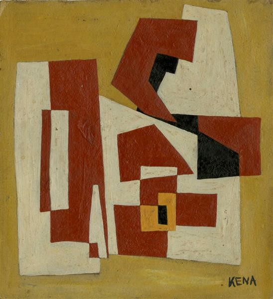 JALED MUYAES (Chilean/Mexican) Oil on board: Jaled Muyaes (Chilean/Mexican, 1921 - 2007). "Composition #29". Oil on board. c1949. Signed lower right. Muyaes always signed his work "Kena," "S. Kena," "Silvestre Kena," or "Silvestre;" or, if initi