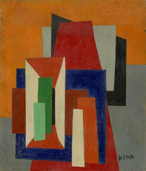 JALED MUYAES (Chilean/Mexican) Oil on board: Jaled Muyaes (Chilean/Mexican, 1921 - 2007). "Composition #32". Oil on board. c1949. Signed lower right. Muyaes always signed his work "Kena," "S. Kena," "Silvestre Kena," or "Silvestre;" or, if initi