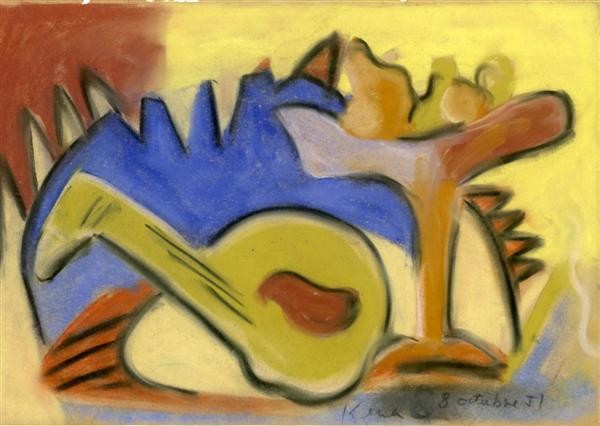 JALED MUYAES (Chilean/Mexican) Pastel on paper: Jaled Muyaes (Chilean/Mexican, 1921 - 2007). "Mandolin and Fruit". Pastel on paper. 1951. Signed lower right. Muyaes always signed his work "Kena," "S. Kena," "Silvestre Kena," or "Silvestre;" or, if 