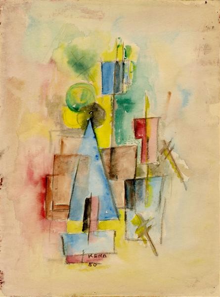 JALED MUYAES (Chilean/Mexican) Gouache on paper: Jaled Muyaes (Chilean/Mexican, 1921-2007). "Non-objective Composition #69". Gouache on paper. 1950. Signed lower right. Muyaes always signed his work "Kena," "S. Kena," "Silvestre Kena," or "Silvestre