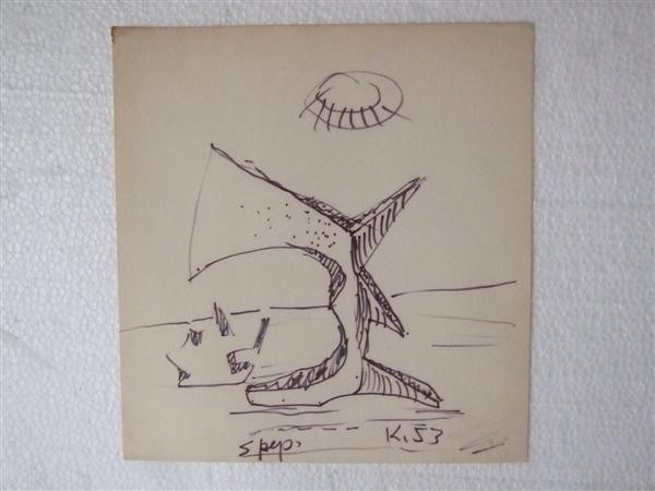 JALED MUYAES (Chilean/Mexican) Pen and ink on pap: Jaled Muyaes (Chilean/Mexican, 1921 - 2007). "Paisaje Distante II". Pen and ink on paper. 1953. Signed "K." Muyaes always signed his work "Kena," "S. Kena," "Silvestre Kena," or "Silvestre;" or, if in