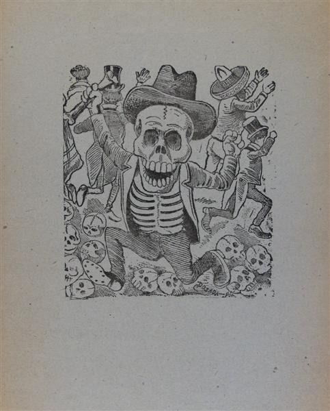 JOSE GUADALUPE POSADA (Mexican) Zinc etching: Jose Guadalupe Posada (Mexican, 1851 - 1913). "Calavera Criminal". Zinc etching. Pre-1913. Signed in the plate. Printed on light green newsprint paper. 6 1/8 x 5 7/16 in. (156 x 138 mm). Paper toning 