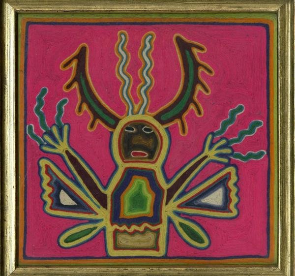 MEXICAN HUICHOL YARN PAINTER [20TH CENTURY] Texti: Mexican Huichol Yarn Painter [20th Century]. "El Dios de la Tierra [the artist is Raymundo de la Rosa]". Textile yarn painting laid to plywood. 1970s. Signed and annotated on the board, verso. 11 1/2 