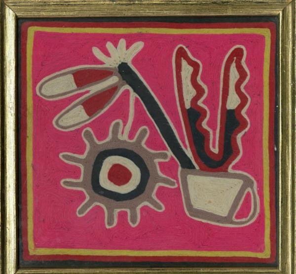 MEXICAN HUICHOL YARN PAINTER [20TH CENTURY] Texti: Mexican Huichol Yarn Painter [20th Century]. "Plumas de la Aguila [the artist is Adrian (?) Rios Martinez (?)]". Textile yarn painting laid to plywood. 1970s. Signed and annotated on the board, verso.