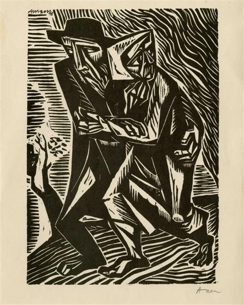 IRVING AMEN - Woodcut: Irving Amen (American, b.1918). "Flight". Woodcut. 1975. Signed in pencil; signed and dated in the block, upper left. Cream laid watermarked paper. Ample margins. Very good impression. Very good condi
