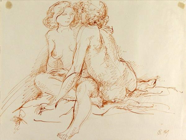 XAVIER DE CALLATAY - Ink on paper: Xavier de Callatay (American, 1932 - 1999). "Two Female Nudes". Ink on paper. 1969. Monogrammed and dated in ink, lower right. Associated American Artists label affixed to back of frame. Framed. 9 x 1