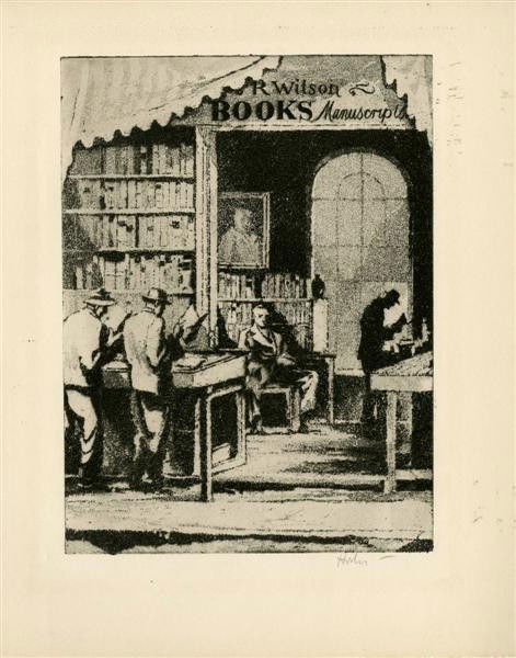 EARL HORTER - Aquatint: Earl Horter (American, 1881 - 1940). "The Book Shop". Aquatint. c1935. Signed in pencil, lower right. Cream wove paper. Wide margins. Fine impression. Fine condition. 7 13/16 x 5 13/16 in. (198 x 148