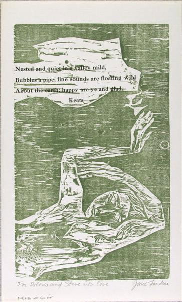 JACOB LANDAU - Color woodcut: Jacob Landau (American, 1917 - 2001). "Nested and Quiet". Color woodcut. 1957. Signed and dedicated in pencil. Curtis Rag Laid paper. Fine impression. Fine condition. Used by the artist as a greeting 