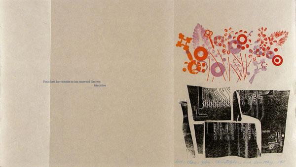 ROMANO, CLARE AND JOHN ROSS - Color woodcut: Romano, Clare and John Ross (American, b.1922). "Peace Hath Her Victories No Less Renowned Than War". Color woodcut. 1969. Signed "Love, Clare, John, Christopher and Timothy, 1969" in blue pencil, low