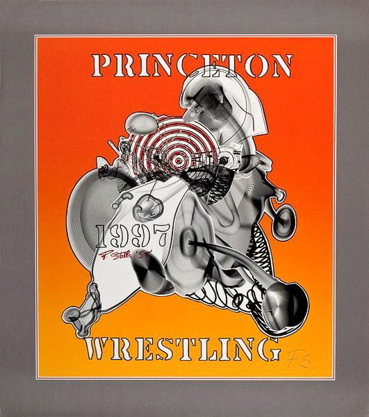 FRANK STELLA - Color offset lithograph poster: Frank Stella (American, b.1936). "Princeton Wrestling". Color offset lithograph poster. 1997. Signed with the initials in green-blue crayon, lower right. White wove paper. The full sheet. Fine impress