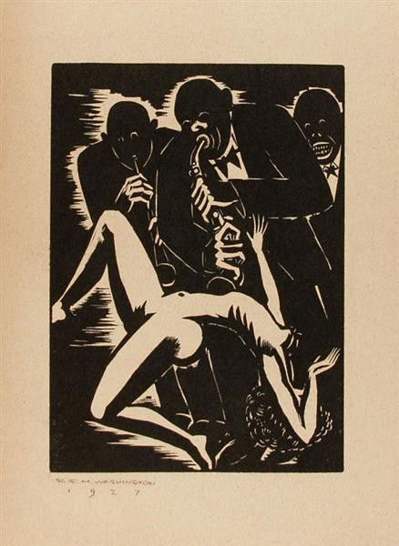 WASHINGTON, E.M. & UNIDENTIFIED ARTIST - Woodcut: Washington, E.M. & Unidentified Artist. "Musicians and Dancer". Woodcut. c1927?. Printed c1998. Erroneously annotated "E.M. Washington 1927" in pencil, lower left. By Earl Marshawn Washington after (?