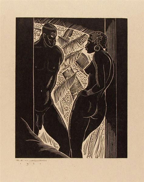 WASHINGTON, E.M. & UNIDENTIFIED ARTIST - Woodcut: Washington, E.M. & Unidentified Artist. "Naked African-American Couple". Woodcut. c1998. Printed c1998. Erroneously annotated "E.M. Washington 1931" in pencil, lower left. By Earl Marshawn Washington