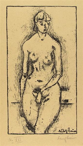 RUDOLF BAUER - Lithograph: Rudolf Bauer (German, 1881 - 1953). "Standing Female Nude". Lithograph. c1910s. Signed in pencil and in the stone, lower right. Numbered in pencil, lower left. Newsprint paper. Wide margins. Printer's