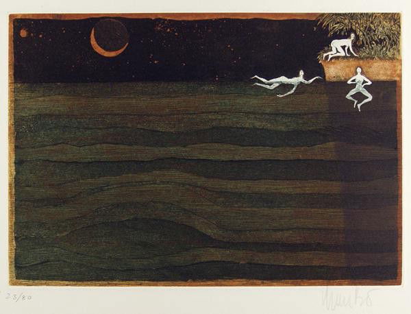 LARS BO - Color etching with aquatint: Lars Bo (Danish, 1924-1999). "Untitled [Swimmers]". Color etching with aquatint. c1950?. Signed in pencil, lower right; numbered in pencil, lower left. Print #23 from the edition of 80. Full margins.