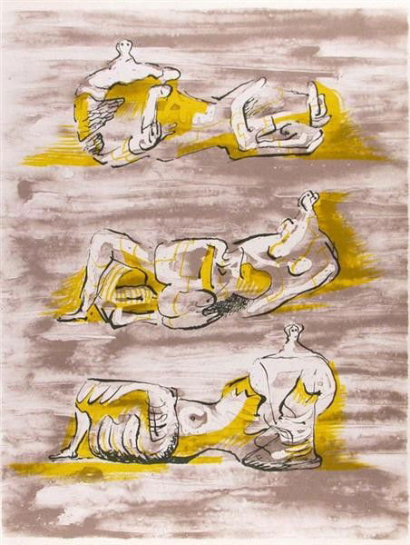 HENRY MOORE - Color lithograph: Henry Moore (British, 1898 - 1986). "Figures Allongees". Color lithograph. c1970s. White wove paper. Very good impression. Fine condition. 11 3/4 x 9 1/16 in. (298 x 230 mm). Sheet Size: 12 1/16 x 9 7