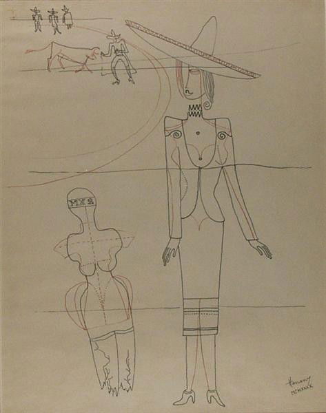 MEXICAN SCHOOL [20TH CENTURY] - Colored pen on pap: Mexican School [20th Century]. "All Bullfighters Are Not Men". Colored pen on paper. 1940. Signed and dated, lower right. 13 1/2 x 10 1/2 in. (343 x 267 mm). Sheet Size: 24 3/4 x 21 3/4 in. (629 x 552