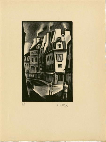 HOWARD COOK - Wood engraving: Howard Cook (American, 1901 - 1980). "Paris Street". Wood engraving. 1939. Signed in pencil, lower right. Proof aside from the proposed edition of 100. Cream wove paper. Wide margins, deckle edges two