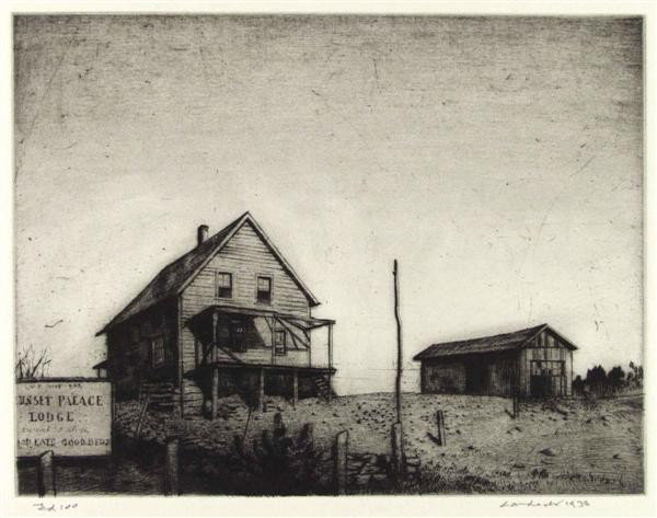 ARMIN LANDECK - Drypoint: Armin Landeck (American, 1905 - 1984). "Sunset Palace Lodge". Drypoint. 1938. Signed, dated and editioned in pencil. Edition of 100. Full margins (deckle edges). Very good impression, richly inked wit