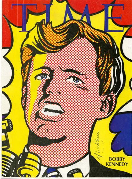 ROY LICHTENSTEIN - Color offset lithograph: Roy Lichtenstein (American, 1923-1997). "Bobby Kennedy". Color offset lithograph. 1968. Signed in blue pen, lower right. Edition uncertain, presumed very large. White coated paper. Fine impression. Go