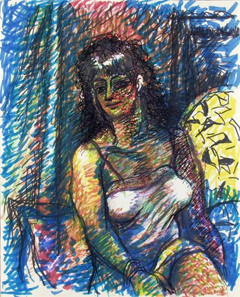CHARLES I. OKERBLOOM, JR. - Pen and colored marker: Charles I. Okerbloom, Jr. (American, 1908 - 1999). "Woman with White Breasts". Pen and colored markers on paper. 1970s. Estate stamped, verso. Very good condition. Provenance: Estate of the Artist. 13