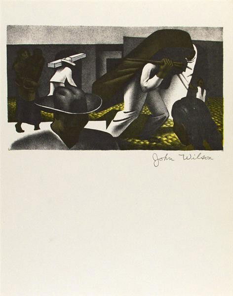JOHN WILSON - Original color offset lithograph: John Wilson (American, b.1922). "La Calle". Original color offset lithograph. 1951. Printed later. Signed in pencil, lower right. Wide (full?) margins. This example was printed in 1965 and bears a com