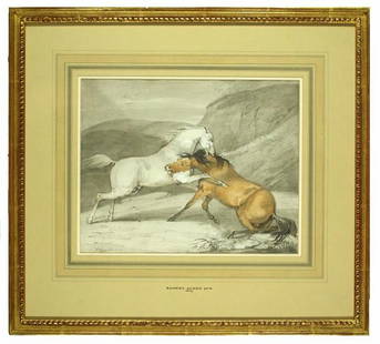 SAMUEL ALKEN, JR. - Watercolor and graphite: Samuel Alken, Jr. (English, 1784 - 1825). "Grey and Bay Stallions Fighting". Watercolor and graphite. 1815. Signed and dated, lower left. Provenance: Old Print Shop, New York City (their label