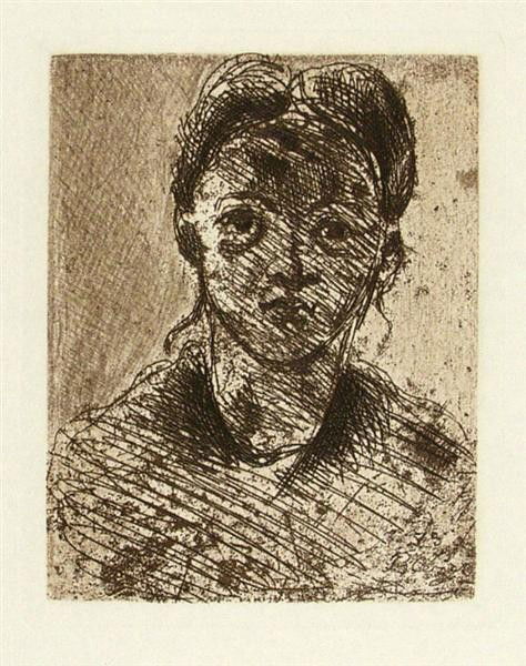 PAUL CEZANNE - Original etching with roulette: Paul Cezanne (French, 1839 - 1906). "Tête de Jeune Fille". Original etching with roulette. 1873. Signed and dated in the plate. Wove paper. Very wide margins. Very fine, well-inked impression. Fine c