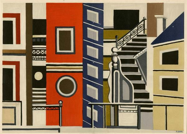 FERNAND LEGER - Color lithograph: Fernand Leger (French, 1881 - 1955). "Composition a l'escalier". Color lithograph. 1925. Printed 1956. Signed in the plate. Edition of 750. Velin d'Arches paper. Narrow margins. Fine impression. Very