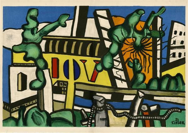 FERNAND LEGER - Color lithograph: Fernand Leger (French, 1881 - 1955). "Des Lettres dans le Paysage". Color lithograph. 1953. Printed 1956. Signed and dated in the plate. Edition of 750. Velin d'Arches paper. Ample top and bottom marg