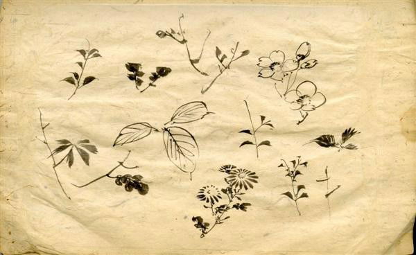 TSUKIOKA YOSHITOSHI - Pen and ink drawing: Tsukioka Yoshitoshi (Japanese, 1839-1892). "Study for Hanging Scroll III". Pen and ink drawing. c1880s. Translucent Gampi (Washi/Rice/Mulberry) paper affixed at the corners to a semi-opaque, handmade,