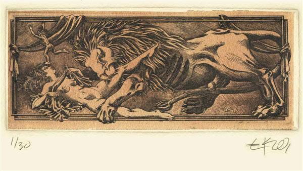 EKO (H.S. DE LA GARZA BATORSKI) - Etching: EKO (H.S. de la Garza Batorski) (Mexican, b.1958). "La Lealtad Es Obediencia [Loyalty Is Obedience] [Gold Leaf]". Etching. 2009. Signed and numbered in pencil, lower margin. Edition of 30. Printed on 