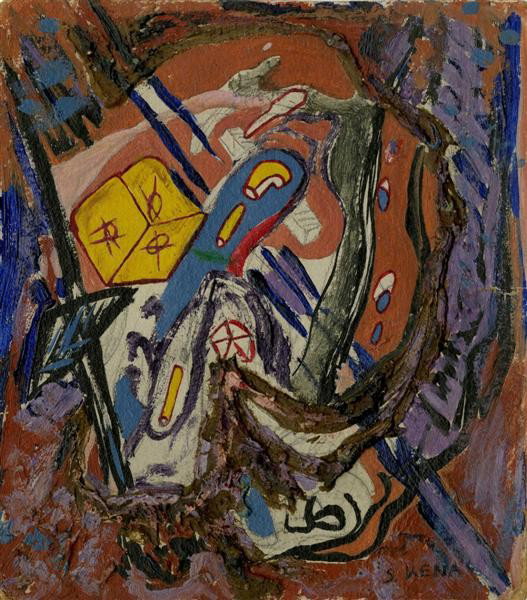 JALED MUYAES - Oil on board: Jaled Muyaes (Chilean/Mexican, 1921-2007). "Gambling". Oil on board. c1948. Signed lower right. Muyaes always signed his work "Kena," "S. Kena," "Silvestre Kena," or "Silvestre;" or, if initialed, "K.